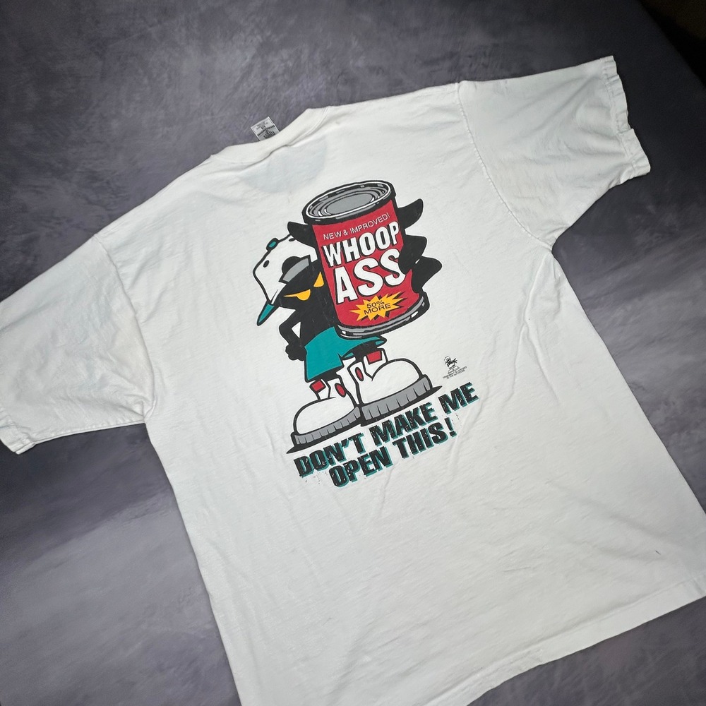 Vintage 90s Whoop Ass Inc Graphic T Shirt Mens XL White Skater Streetwear Boxy - Picture 7 of 8